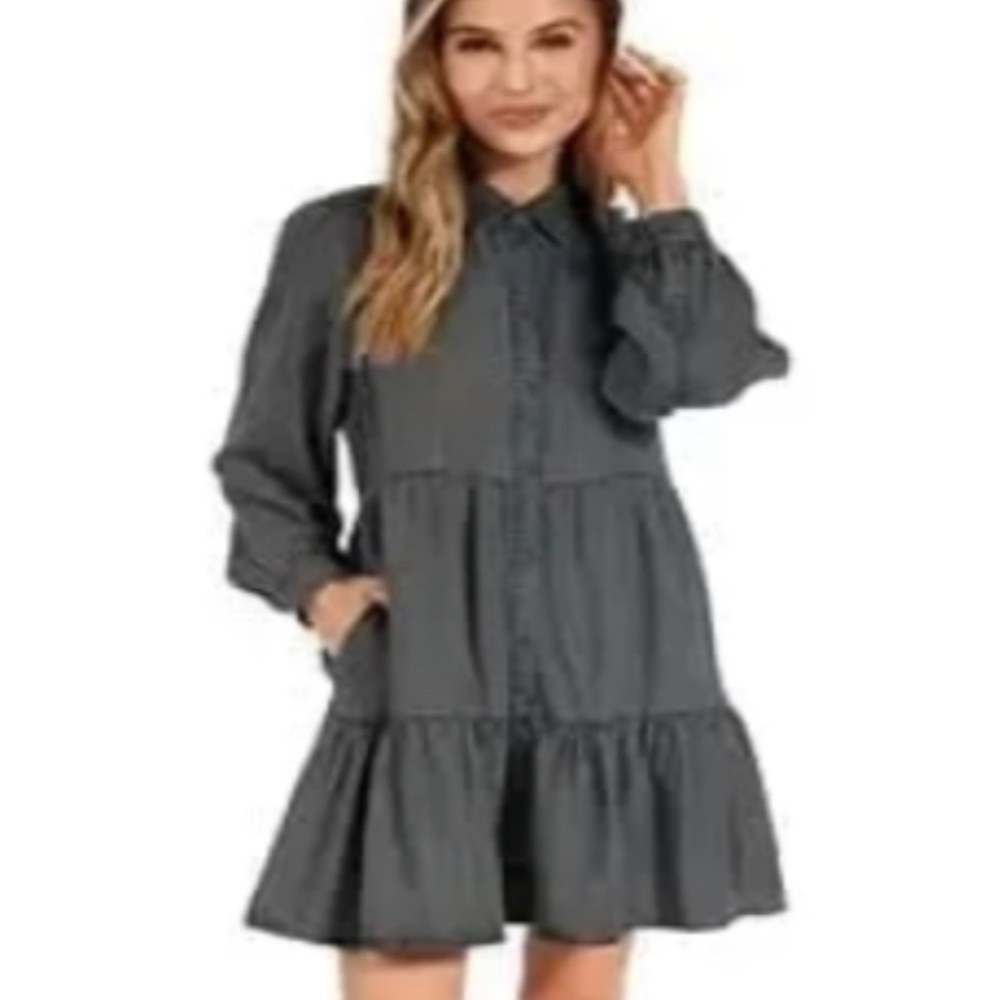 New Serra Grey Gray Chambray Tiered Shirtdress Fall Long Sleeves Charcoal 🎁